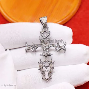 Sterling Silver Pave Diamond Designer Cross Pendant Jewelry, Silver Designer Pendant, Diamond Designer Pendant, Handmade Diamond Pendant