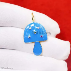 Turquoise Enamel Handmade Magic Mushroom Sterling Silver Pendant Necklace, Designer Mushroom Pendant Jewelry