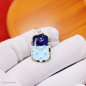 14k Gold Natural Diamond Crescent Moon & Star Charm Enamel Pendant, 14k Gold Crescent Moon Charm, 14k Gold Star Charm, 14k Gold Enamel Charm