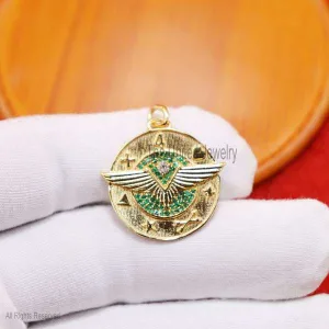 9k Yellow Gold Pave Emerald Eagle Wings Charm Enamel Pendant, 9k Gold Eagle Wings Charm Pendant, Handmade Charm Jewelry