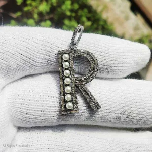 925 Sterling Silver Natural Pave Diamond Handmade R Shape Pearl Monogram Pendant Jewelry, Personalized Silver Monogram Jewelry