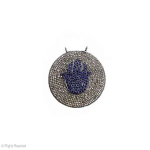 Blue Sapphire Gemstone Hamsa Hand Sterling Silver Pave Diamond Pendant Jewelry, Silver Hamsa Round Disc Pendant