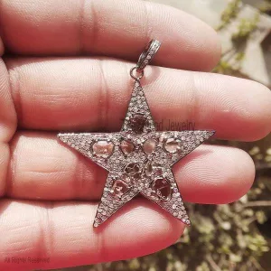 Sterling Silver Pave Diamond Designer Star Cut Pendant, Diamond Star Pendant, Handmade Silver Diamond Star Pendant