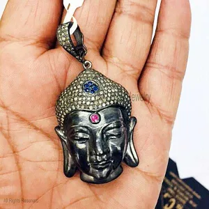 Silver Black Rhodium Plating Pave Diamond Buddha Pendant, Diamond Buddha Pendant, Handmade Silver Buddha Charm Pendant Jewelry, Silver Diamond Buddha Pendant