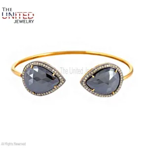 Pave Diamond With Black Spinel Cuff Bangle, Silver Black Spinel Designer Cuff Bangle, Handmade Sterling Silver Pave Diamond Cuff Bangle Jewelry