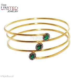 925 Sterling Silver Emerald & Pave Diamond Gold Plated Bangle Gift For Love, Handmade Silver Designer Women's Bangle Jewelry
