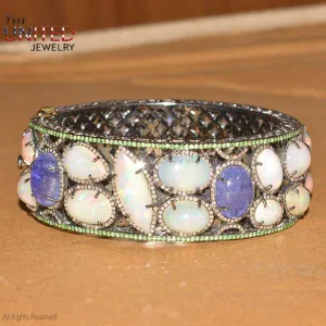 925 Sterling Silver Pave Diamond With Opal and Tanzanite Handmade Bangle, Silver Opal With Tanzanite Women's Bangle Jewelry