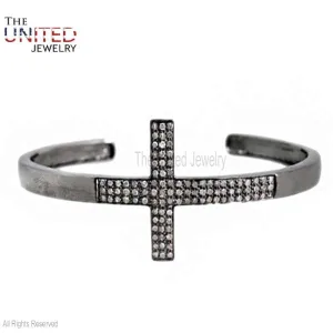 Pave Diamond Cross Cuff Bangle, Silver Pave Diamond Cross Cuff Bangle, Handmade Sterling Silver Pave Diamond Cross Cuff Women's Bangle Jewelry