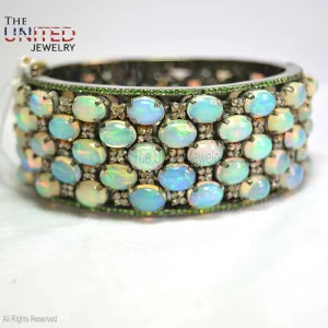 925 Sterling Silver Opal With Pave Diamond Handmade Bangle For Women's, 925 Silver Designer Opal With Diamonds and Tsavorite Bangle Jewelry For Women's
