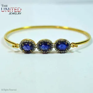 925 Sterling Silver Blue Sapphire With Pave Diamonds Handmade Bangle, Blue Sapphire Silver Designer Bangle For Women's