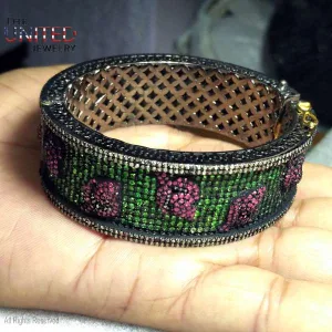 925 Sterling Silver Pave Diamond With Tsavorite And Pink Sapphire Handmade Bangle, Silver Diamond With Tsavorite Women's Bangle Jewelry