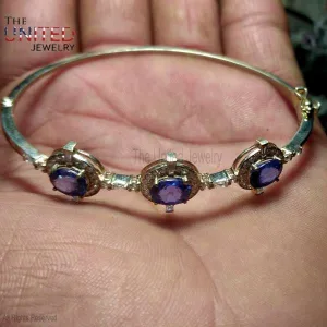 925 Sterling Silver Blue Sapphire With Pave Diamonds Handmade Bangle, Blue Sapphire With Diamond Handmade Silver Designer Bangle For Women's