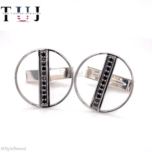 925 Sterling Silver Handmade Black Spinel Round Men's Cufflinks Jewelry