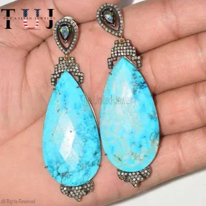 Handmade 925 Sterling Silver Pave Diamond With Turquoise And Ruby Designer Dangles Earrings For Women