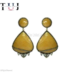 Handmade 925 Sterling Silver Pave Diamond With Yellow Sapphire Designer Dangles Earrings For Women