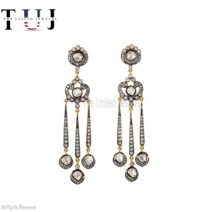 925 Sterling Silver Pave Diamond With Polki Handmade Designer Dangles Earrings Jewelry