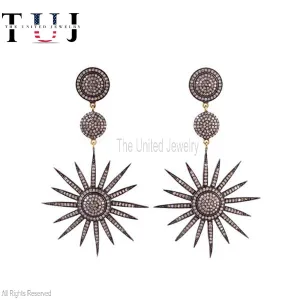 925 Sterling Silver Handmade Pave Diamond Star Dangle Earrings For Women's