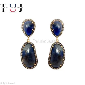 925 Sterling Silver Pave Diamond With Blue Sapphire Handmade Designer Dangles Earrings For Women
