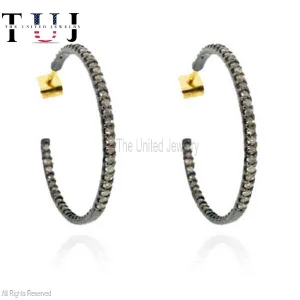 925 Sterling Silver Pave Diamond Handmade Hoop Earrings Jewelry For Women