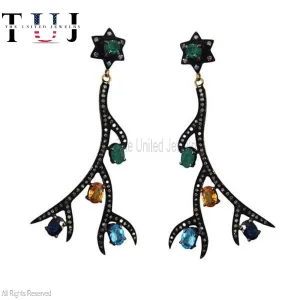 925 Sterling Silver Pave Diamond With Multisapphire Handmade Designer Dangles Earrings For Women