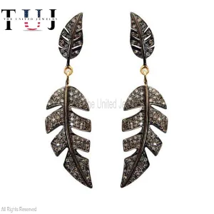925 Sterling Silver Pave Diamond Handmade Leaf Dangles Earrings For Women