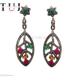Handmade 925 Sterling Silver Pave Diamond With Multisapphire Designer Dangles Earrings For Women