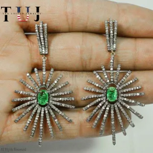 925 Sterling Silver Handmade Pave Diamond With Tsavorite Star Dangle Earrings For Women's