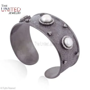 Handmade 925 Sterling Silver Designer Pave Diamond With Pearl Cuff Bangle Jewelry For Women