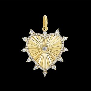 14k Solid Gold Starburst Heart Diamond Charm Pendant, 14k Gold Beautiful Starburst Heart Diamond Charm, Designer Starburst Heart Necklace