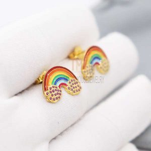 14k Gold Natural Ruby Rainbow Shape Stud Earrings, Tiny Rainbow Stud, Gift For Her