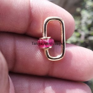 14k Yellow Solid Gold 20mm Mini Baby Ruby Baguette Gemstone Handmade Carabiner Lock Jewelry, Ruby Lock, 14k Gold Carabiner Lock