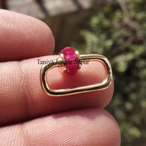 14k Yellow Solid Gold 20mm Mini Baby Ruby Baguette Gemstone Handmade Carabiner Lock Jewelry, Ruby Lock, 14k Gold Carabiner Lock