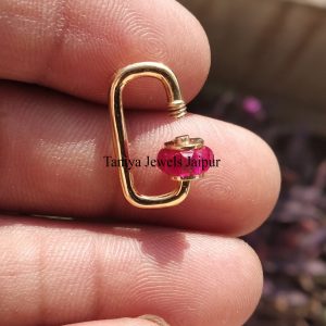 14k Yellow Solid Gold 20mm Mini Baby Ruby Baguette Gemstone Handmade Carabiner Lock Jewelry, Ruby Lock, 14k Gold Carabiner Lock