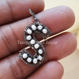 S Monogram Handmade Sterling Silver Alphabet Initial Pearl Pave Diamond Charms Pendant Jewelry, Pave Diamond Monogram Charm Pendant Jewelry