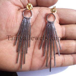 Tsavorite Gemstone Handmade Pave Diamond Spike Earrings Sterling Silver Jewelry