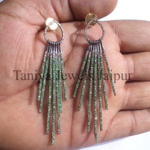 Tsavorite Gemstone Handmade Pave Diamond Spike Earrings Sterling Silver Jewelry