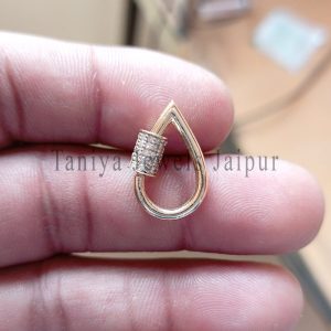 9k Solid Yellow Gold Handmade Pear Shape Pave Diamond Carabiner Screw Lock Jewelry, Gold Lock, 9k Gold Carabiner Lock
