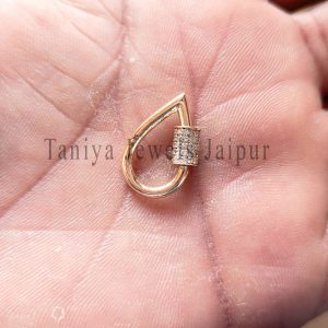 9k Solid Yellow Gold Handmade Pear Shape Pave Diamond Carabiner Screw Lock Jewelry, Gold Lock, 9k Gold Carabiner Lock